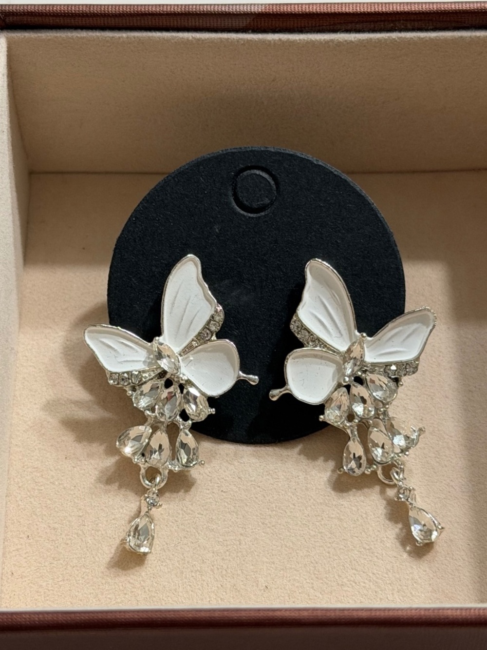 Elegant Silvery White Enamel Butterfly Rhinestone Tassel Drop Earrings